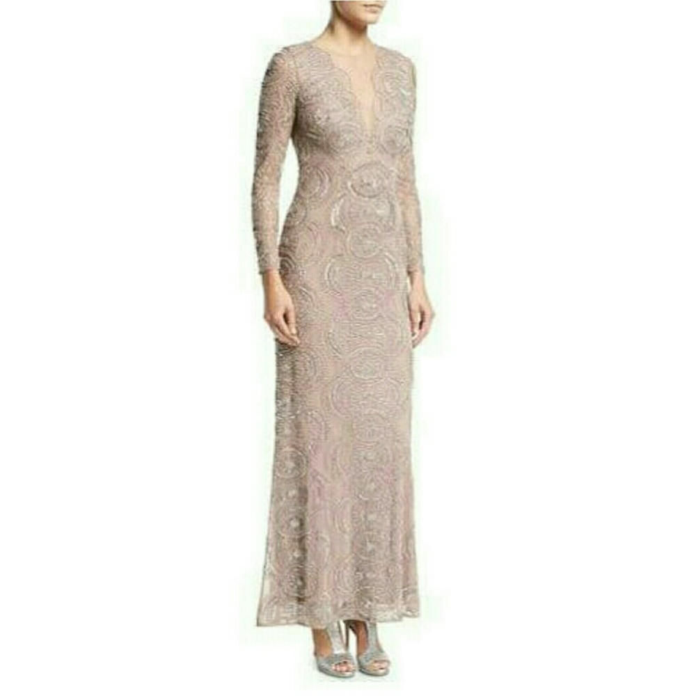 Aidan Mattox Beaded Illusion Long Sleeve Gown